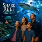 Family viewing the glass tunnel inside Shark Reef Aquarium at Mandalay Bay Las Vegas.