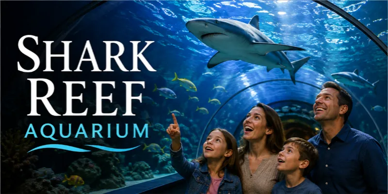 Family viewing sharks through the glass tunnel inside Shark Reef Aquarium at Mandalay Bay Las Vegas