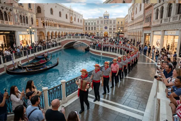 Singing gondoliers marching beside the indoor canal at Grand Canal Shoppes in Las Vegas