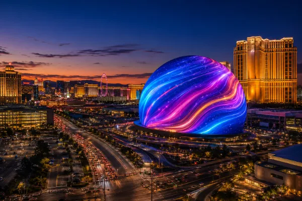 Sphere Las Vegas glowing above the Strip skyline at twilight with colorful abstract lights and surrounding resorts.