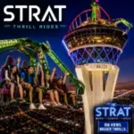 Guests experience the heart-pounding STRAT Thrill Rides high above the Las Vegas Strip at The STRAT Tower.