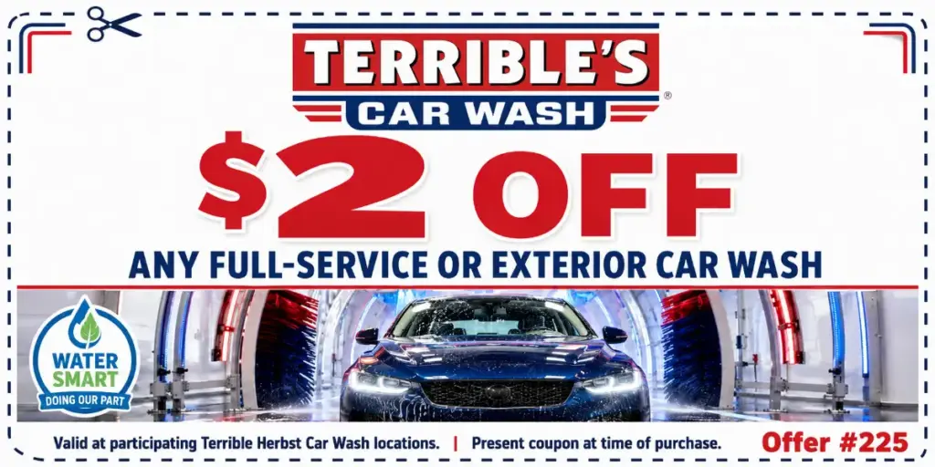 Terrible’s Car Wash coupon offering $2 off a qualifying full-service or exterior wash at participating Las Vegas Valley locations