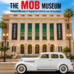 Visitors explore crime history exhibits outside The Mob Museum in downtown Las Vegas, featuring a classic white vintage automobile.