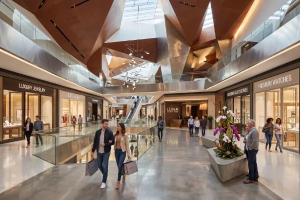 Visitors explore luxury boutiques, dining, and angular architecture inside The Shops at Crystals in Las Vegas.