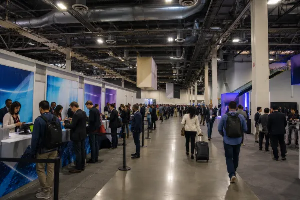 Convention attendees check in, network, and move through an active registration area inside The Venetian Expo in Las Vegas.