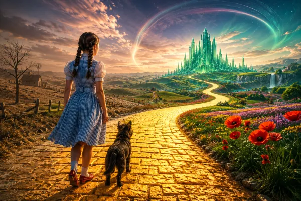 Dorothy and Toto following the Yellow Brick Road toward the Emerald City in The Wizard of Oz at Sphere Las Vegas.