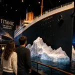 Visitors admire the full-scale RMS Titanic recreation and iceberg display inside Titanic: The Artifact Exhibition at Luxor Las Vegas.