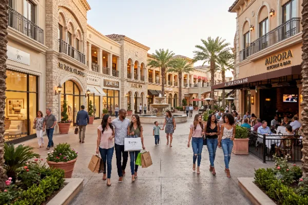 Visitors shop, dine, and gather among the European-style plazas and storefronts at Tivoli Village in Las Vegas.