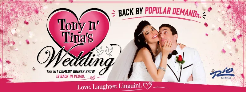 Tony and Tina celebrating with wedding guests during the interactive Tony n' Tina's Wedding dinner show in Las Vegas