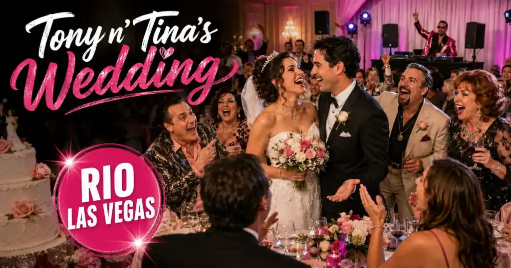 Tony n’ Tina’s Wedding interactive dinner show at Rio Las Vegas with a laughing bride, groom, DJ, and reception guests.
