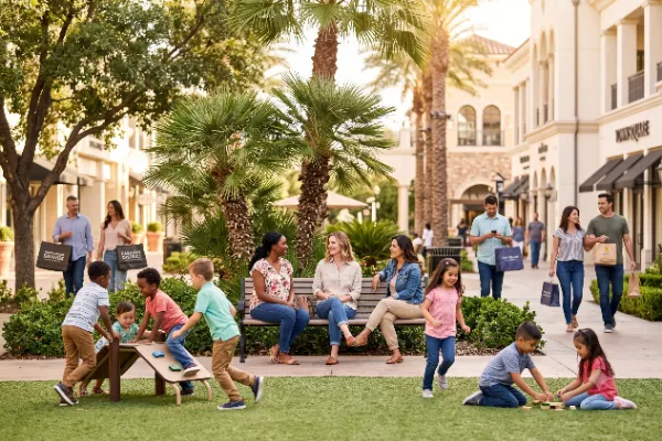 Families gather at Town Square Park while shoppers move through the Town Square Las Vegas district in the background.