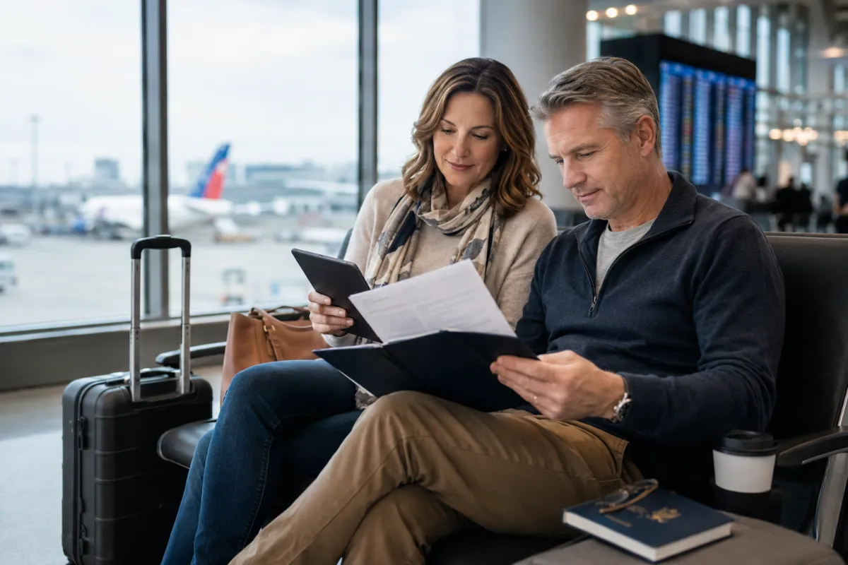 Travelers review trip documents and a tablet with luggage beside them in an airport terminal.