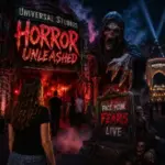 Guests enter Universal Horror Unleashed in Las Vegas through a terrifying haunted attraction featuring iconic monsters, immersive horror sets, and chilling special effects.