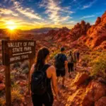 Hikers explore the spectacular red sandstone formations and scenic desert trails during a guided Valley of Fire hiking tour from Las Vegas.