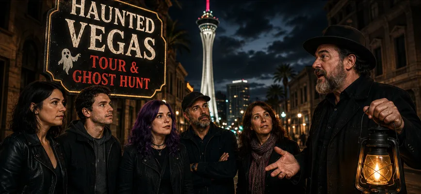 Guests listening to haunted Las Vegas stories during the evening Haunted Vegas Tour and Ghost Hunt