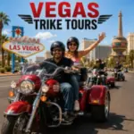 Guests ride three-wheeled touring trikes past iconic Las Vegas landmarks during a guided Vegas Trike Tour.