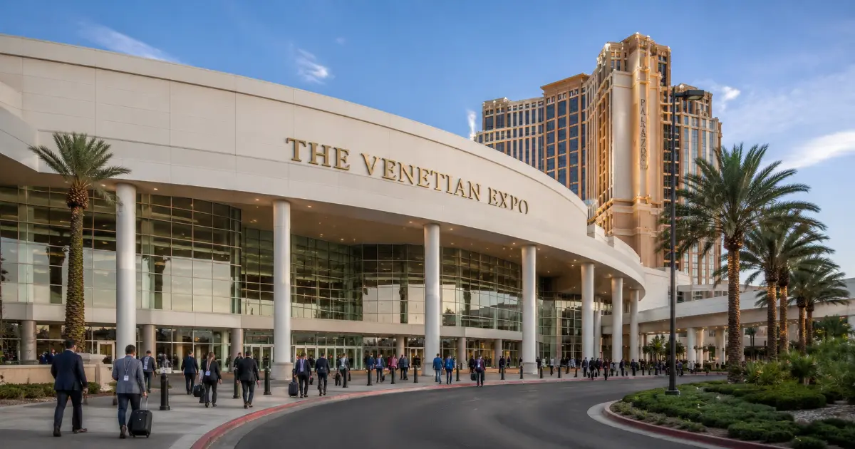 Convention attendees approach the signed exterior entrance of The Venetian Expo in Las Vegas.