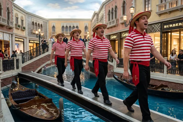 Venetian Las Vegas gondoliers singing together beside the indoor Grand Canal
