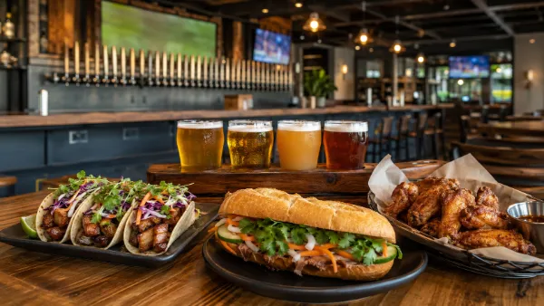 Craft beer flight with tacos, wings, and a bánh mì sandwich at 595 Craft and Kitchen in Las Vegas