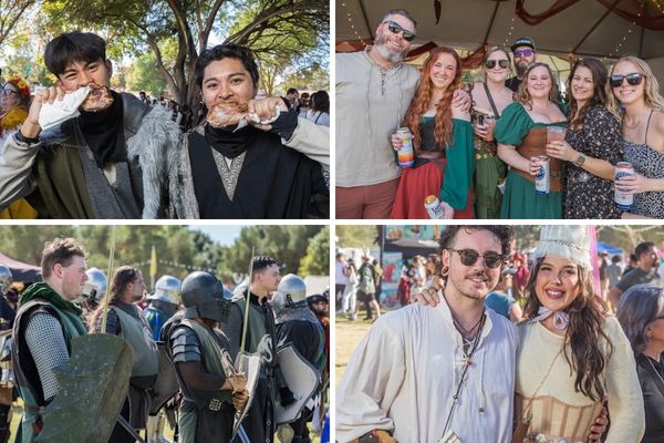 Costumed knights and performers entertaining visitors at the Age of Chivalry Renaissance Festival in Las Vegas.