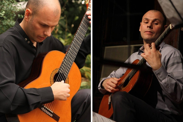 Argentine composer and classical guitarist Carlos Pavan performing live with an acoustic guitar.