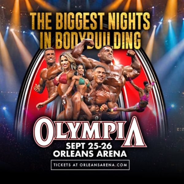 Professional bodybuilding competitors posing onstage during Joe Weider’s Olympia Fitness and Performance Weekend in Las Vegas.
