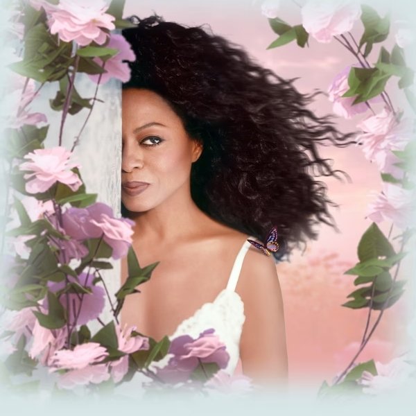 Diana Ross surrounded by pink flowers in a promotional portrait for her Las Vegas concerts at Encore Theater.