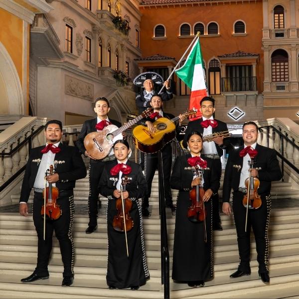 Mariachi performers and folkloric dancers celebrating Mexican Independence Day at Grand Canal Shoppes in Las Vegas.