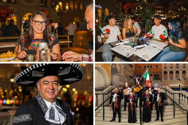 Mariachi performers and folkloric dancers celebrating Mexican Independence Day at Grand Canal Shoppes in Las Vegas.