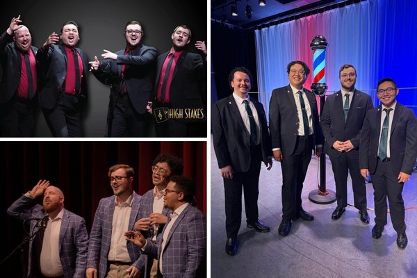 Members of the High-Stakes Barbershop Quartet performing four-part vocal harmony in Las Vegas.