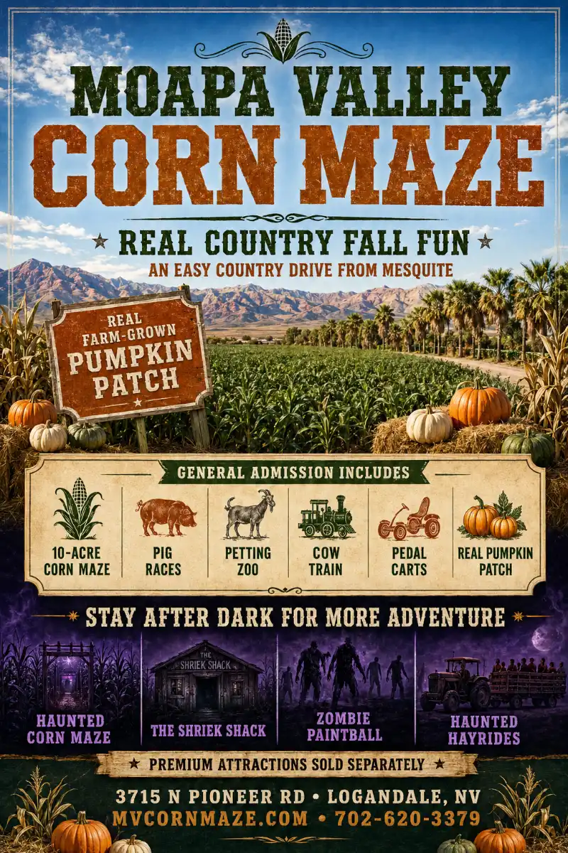 Moapa Valley Corn Maze 2026 flyer with event dates, attractions, admission information, and a free-pumpkin coupon.