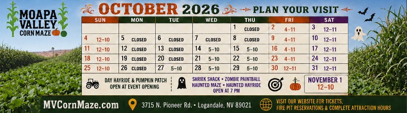 Moapa Valley Corn Maze calendar showing the 2026 operating dates and hours.