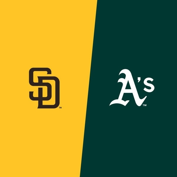 San Diego Padres and Athletics team logos for their 2027 baseball series at Las Vegas Ballpark.