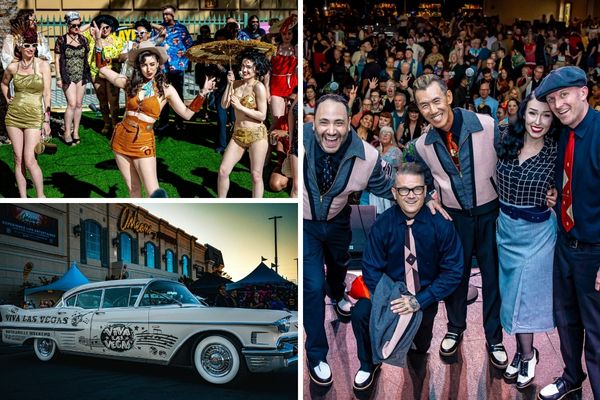 Scenes from Viva Las Vegas Rockabilly Weekend featuring vintage fashion, live performers, a classic car and festival attendees at The Orleans.