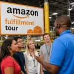 An Amazon guide speaks with visitors during a free fulfillment center tour in Las Vegas.