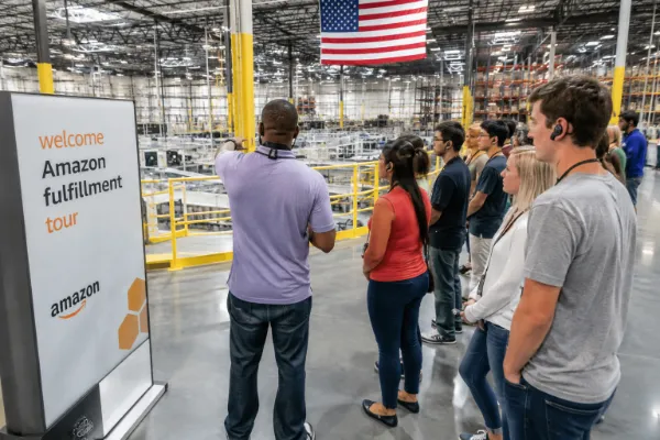 Visitors learning about robotics and order fulfillment during an Amazon fulfillment center tour in the Las Vegas area