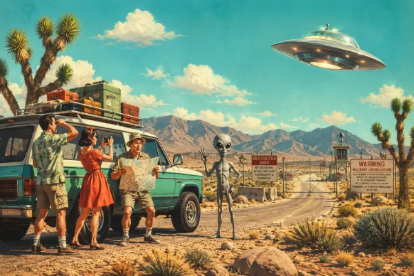 Area 51 perimeter entrance gate with warning signs and a UFO-themed roadside scene near Las Vegas