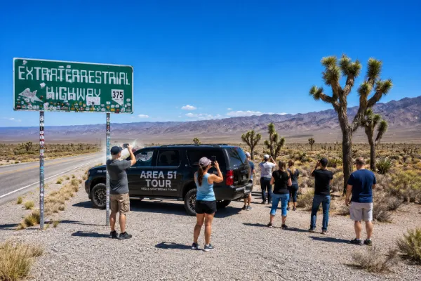 Desert highway scene on the Extraterrestrial Highway during an Area 51 tour from Las Vegas
