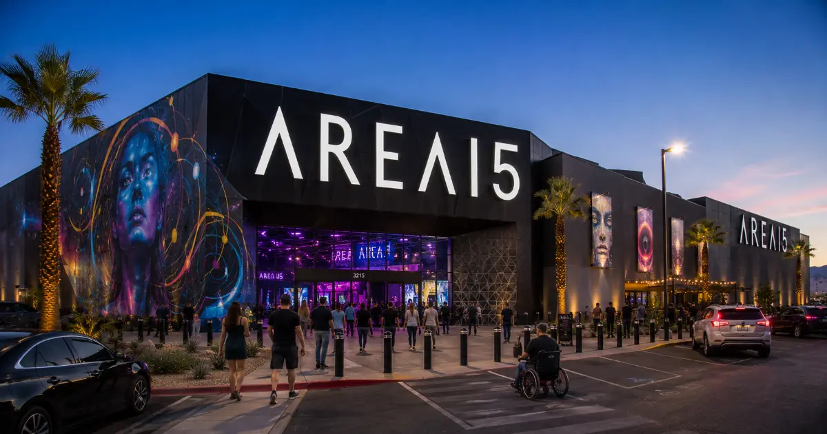 Event attendees approach the AREA15 entrance on South Rancho Drive in Las Vegas.