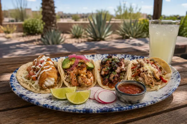 Baja-style fish, shrimp, octopus, and smoked-marlin tacos served with fresh garnishes in Las Vegas