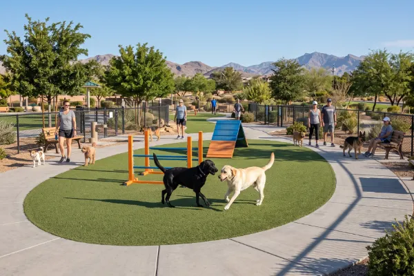 A black Labrador and yellow Labrador play with other dogs at Bark Park at Heritage Park in Henderson, Nevada.