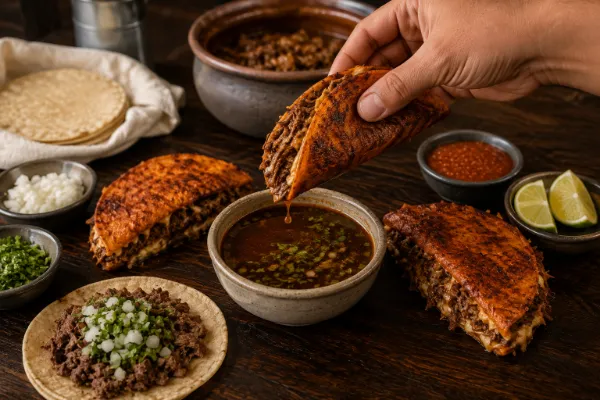 Crispy quesabirria tacos with beef birria, consommé, onions, cilantro, and lime in Las Vegas