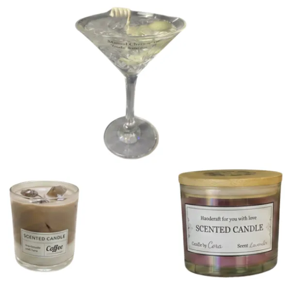 Examples of decorative scented candles created by Moonlit Charms.