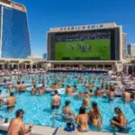 People swim and watch football on a big screen at Circa Stadium Swim.