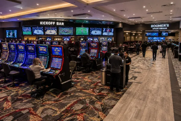 Guests play modern slot machines inside the renovated Club Fortune North casino in North Las Vegas.
