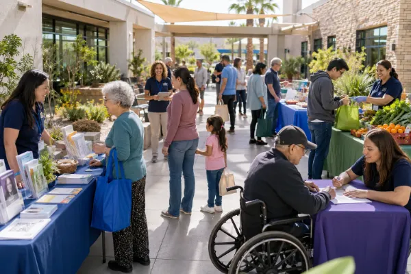 Las Vegas volunteers helping residents access food assistance, information, and community resources at an inclusive public event.