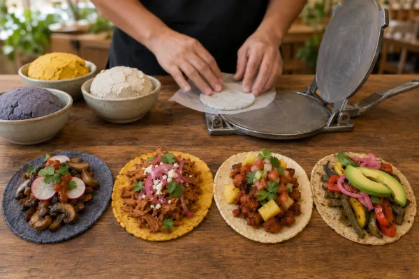 Handmade heirloom-corn and plant-based tacos with colorful vegetables and fresh salsas in Las Vegas