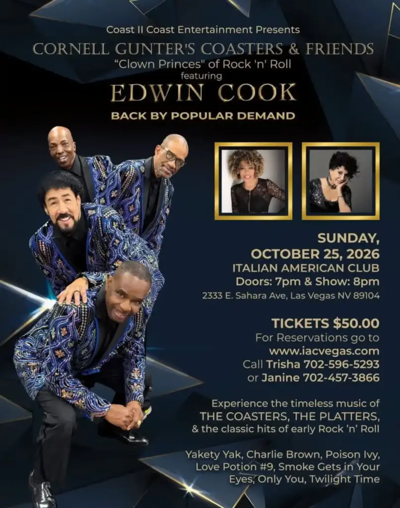Cornell Gunter’s Coasters featuring Edwin Cook promotional image for the October 25, 2026, Las Vegas show.