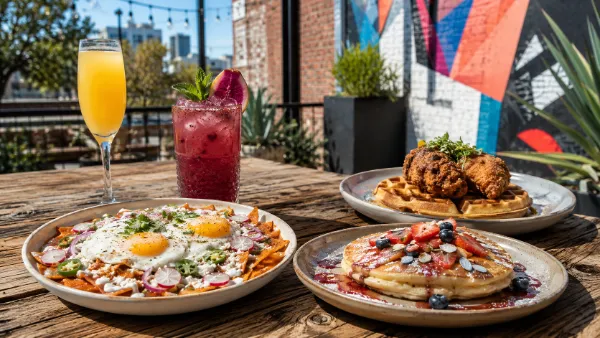 Chilaquiles, pancakes, chicken and waffles, and brunch cocktails on a colorful Downtown Las Vegas patio