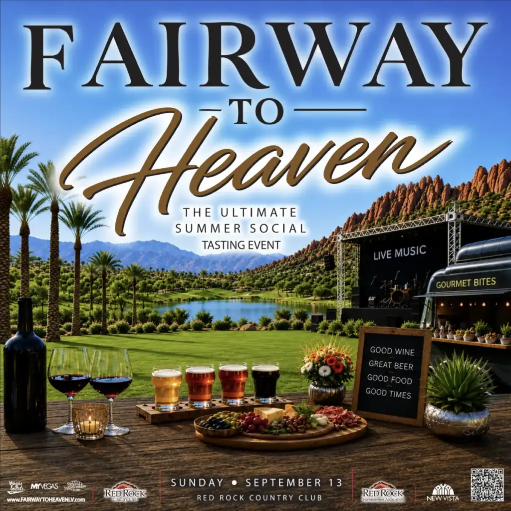 Fairway to Heaven summer social tasting event flyer featuring Red Rock Country Club, wine, craft beer, gourmet food, live music, and Red Rock Canyon scenery.